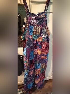 Multicolor Patchwork Wide-Leg Jumpsuit with Spaghetti Straps